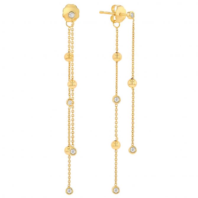 Bezel Set Diamond & Yellow Gold Bead Front & Back Dangle Earrings