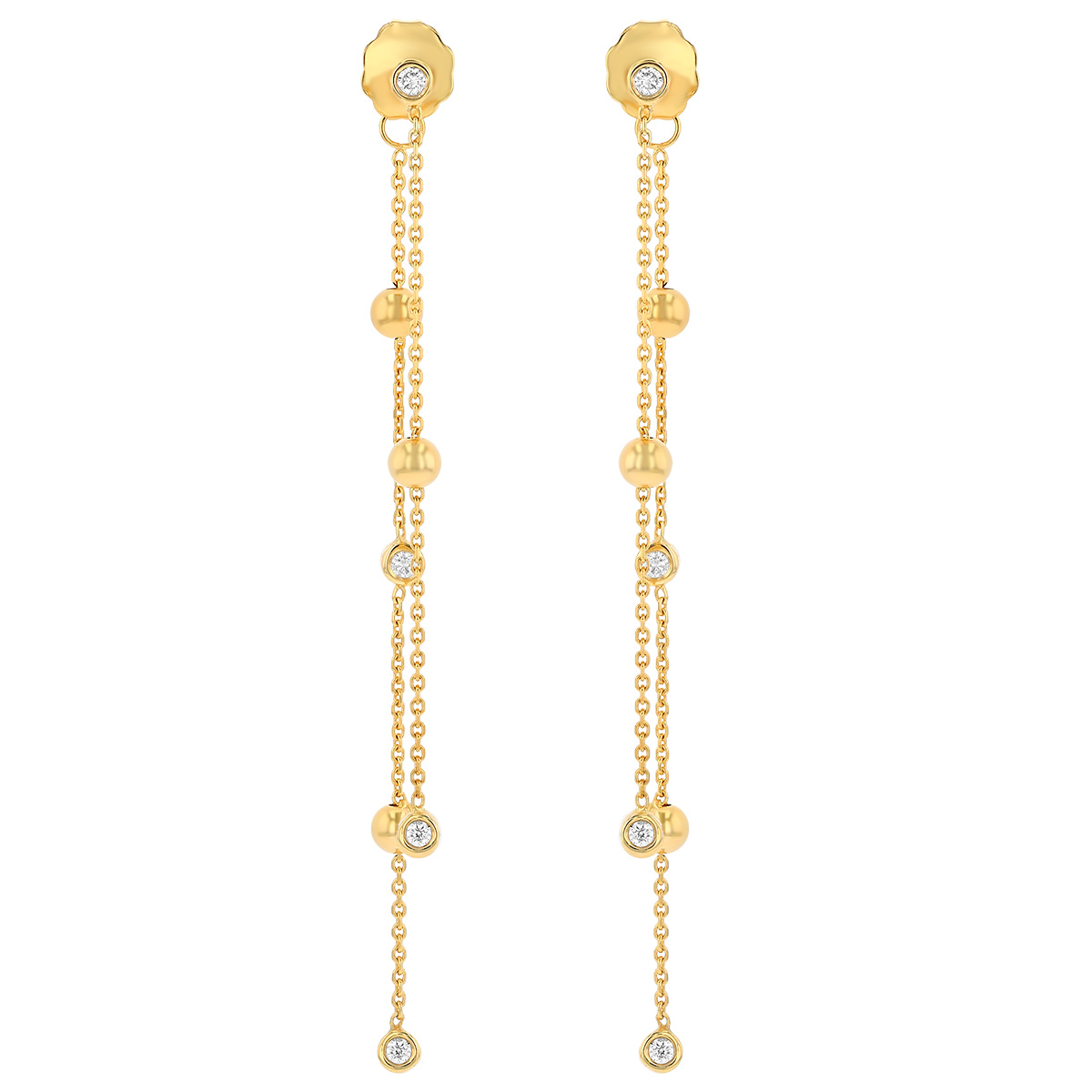 Bezel Set Diamond & Yellow Gold Bead Front & Back Dangle Earrings