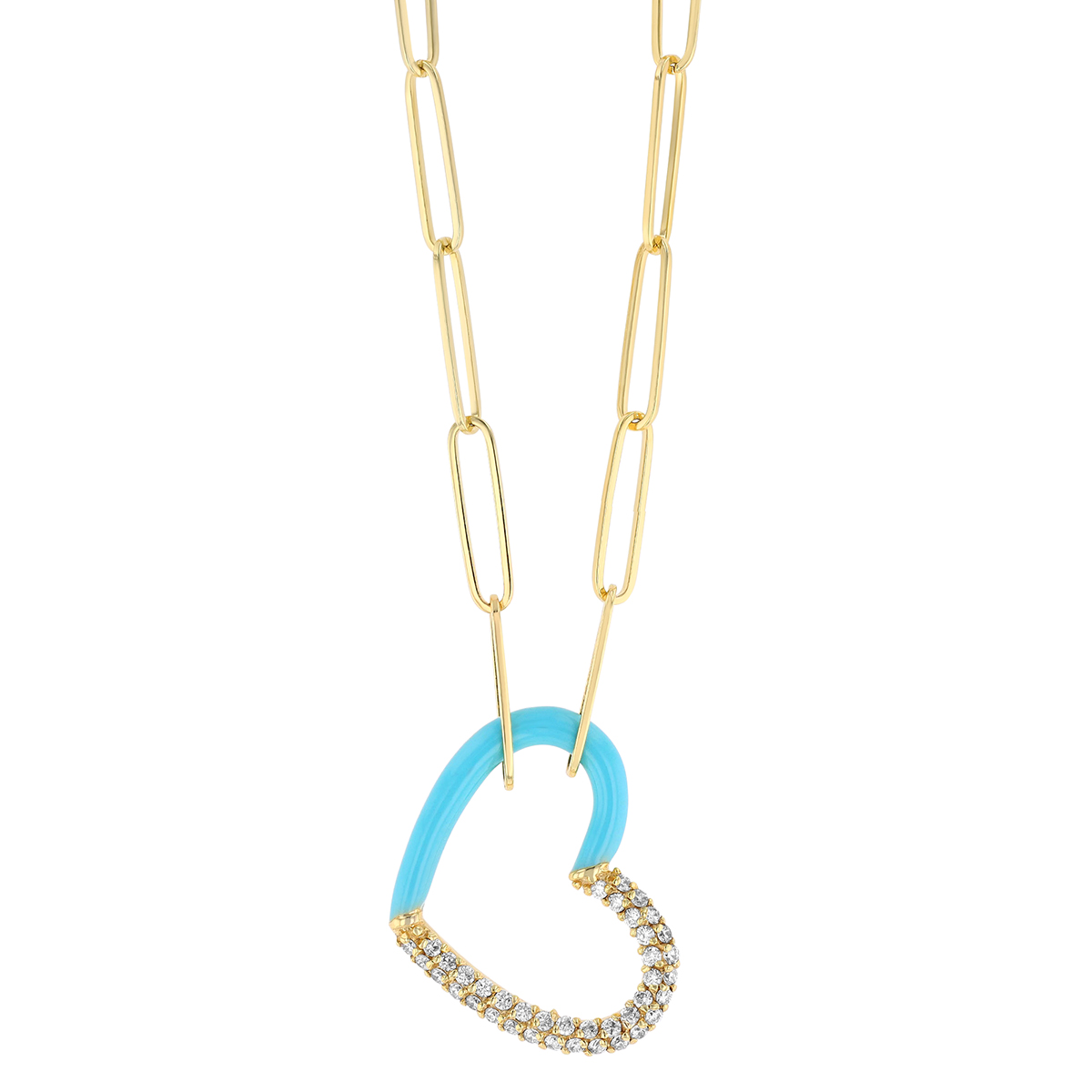 Diamond Pavé & Blue Enamel Open Heart Pendant in Yellow Gold, 18