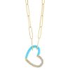 Diamond Pavé & Blue Enamel Open Heart Pendant in Yellow Gold, 18"