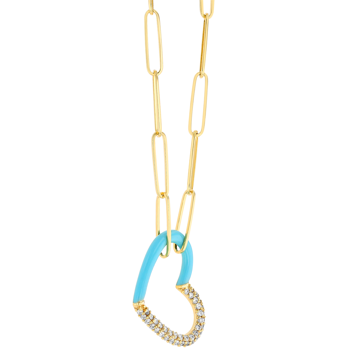 Diamond Pavé & Blue Enamel Open Heart Pendant in Yellow Gold, 18