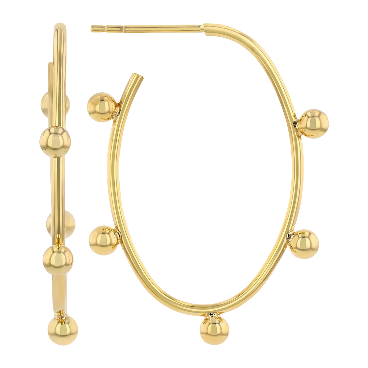 Yellow Gold Bead Station Oval Hoop Earrings