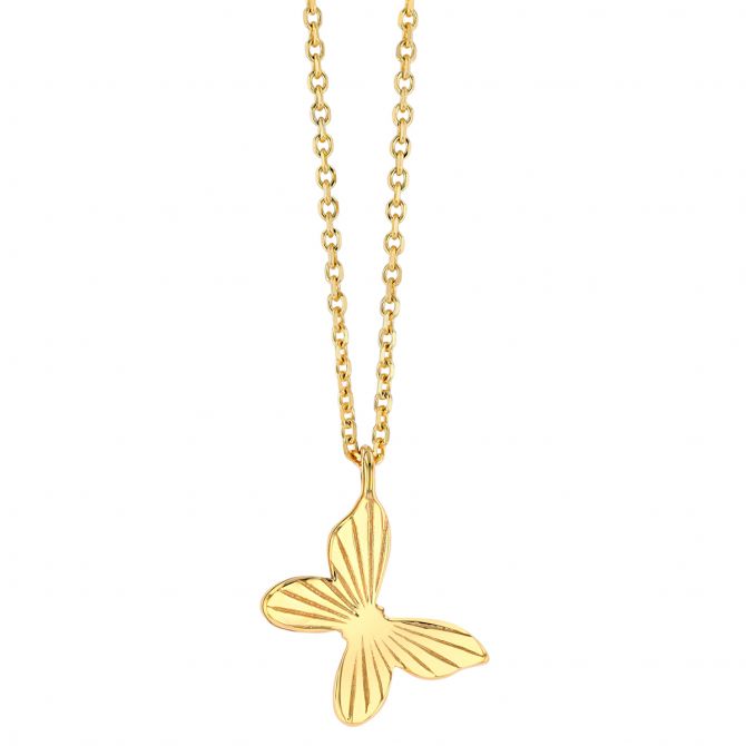 Yellow Gold Engraved Butterfly Pendant, 18"