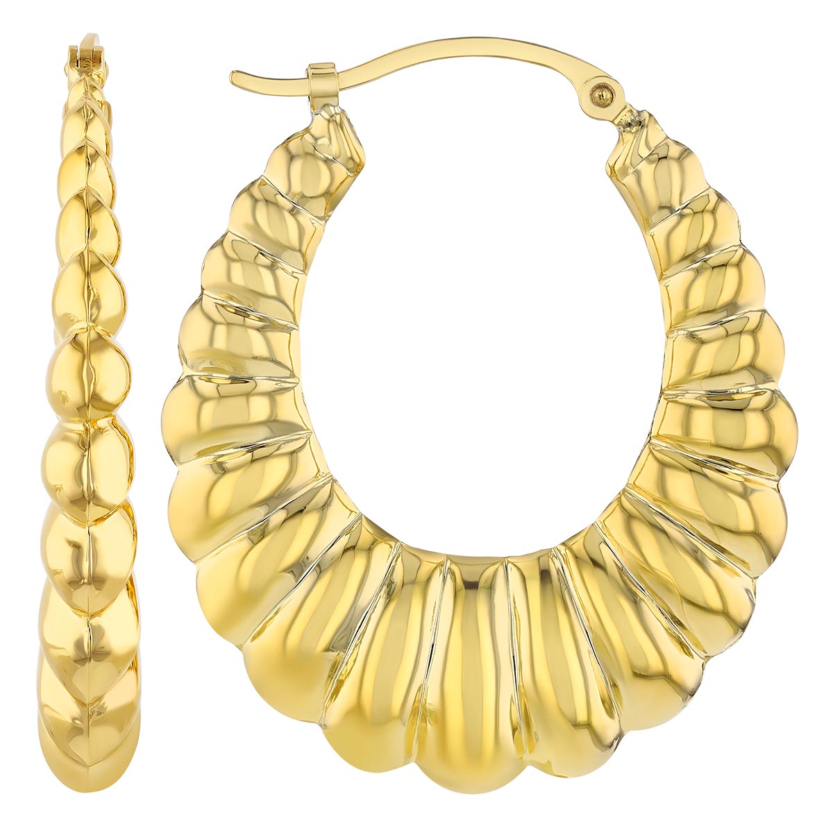 Yellow Gold Oblong Puff Design Hoop Earrings