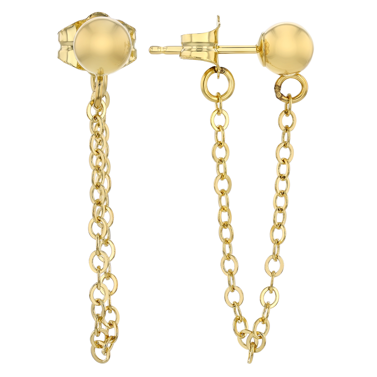 Yellow Gold Ball Stud & Front-to-Back Chain Earrings