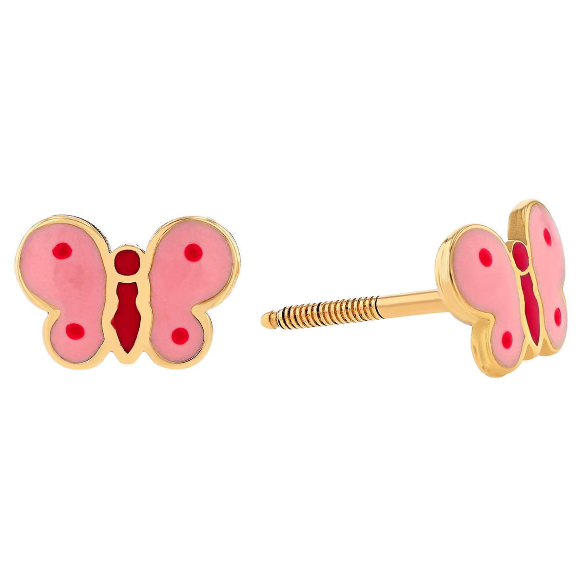 Children's Pink & Red Resin Butterfly Stud Earrings in Yellow Gold