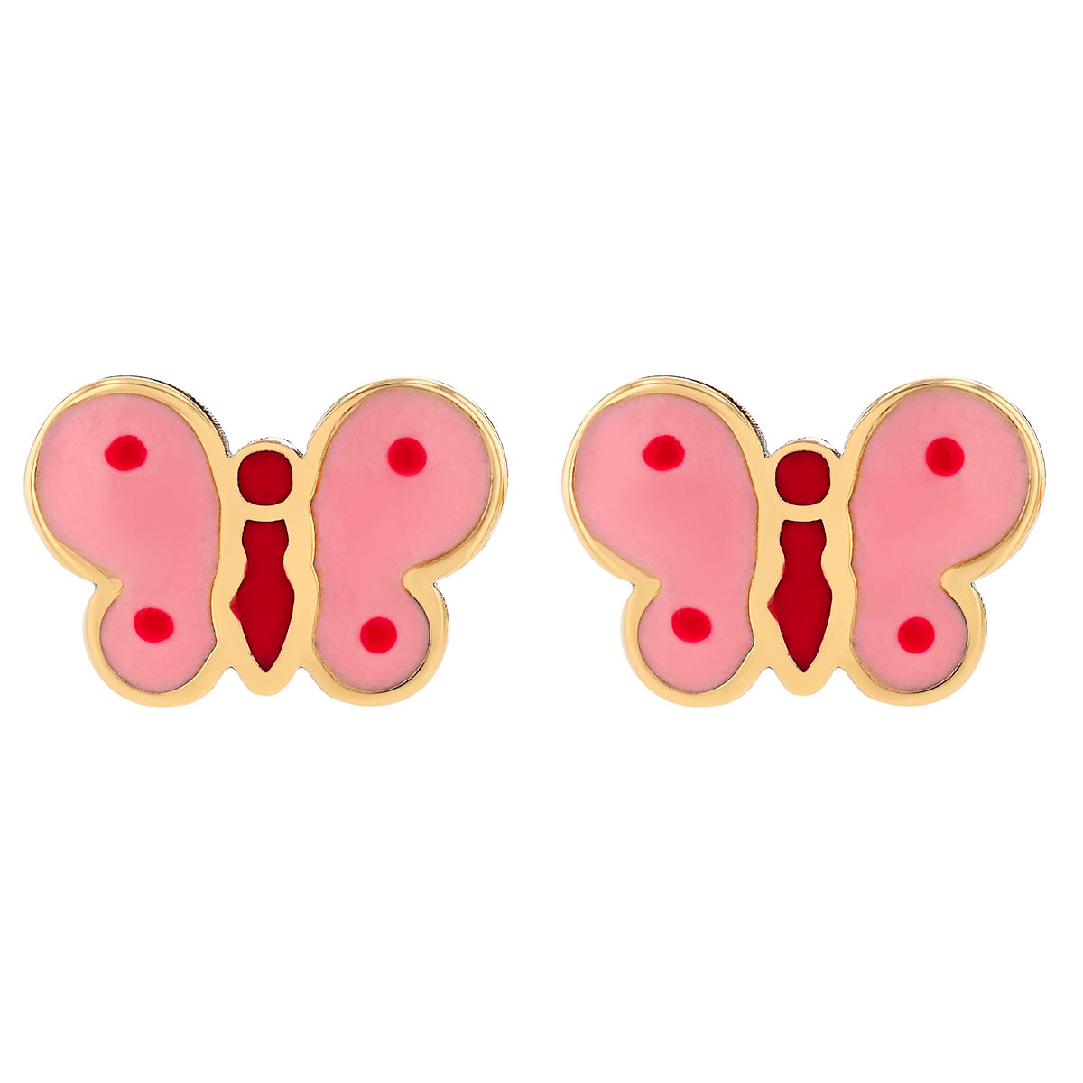 Children's Pink & Red Resin Butterfly Stud Earrings in Yellow Gold