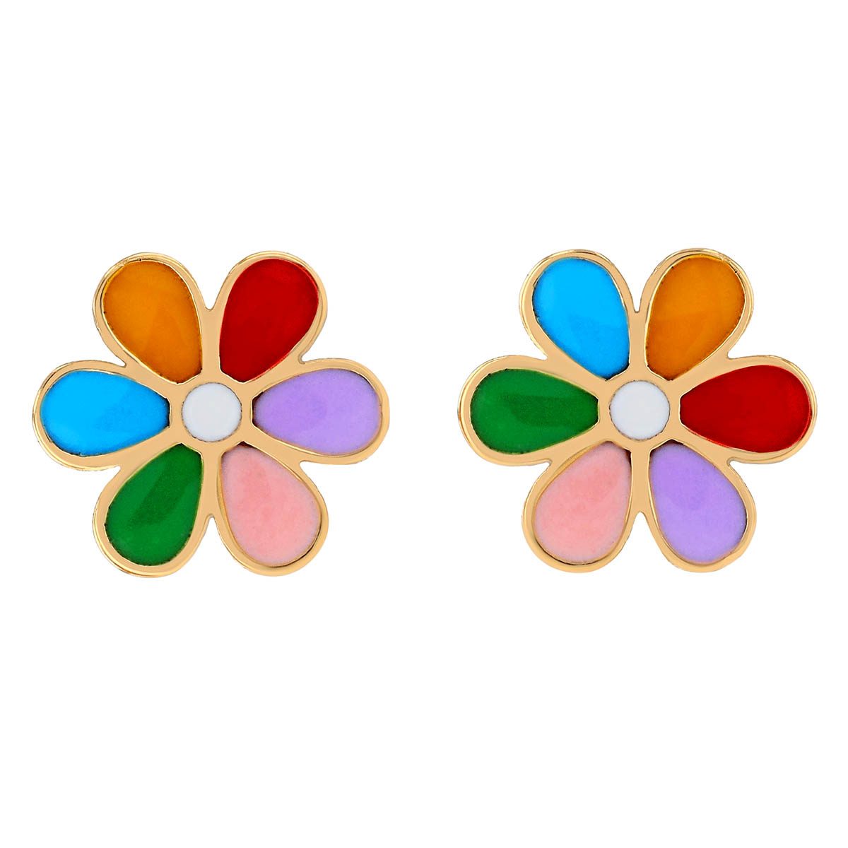 Children's Multicolored Resin Flower Stud Earrings in Yellow Gold