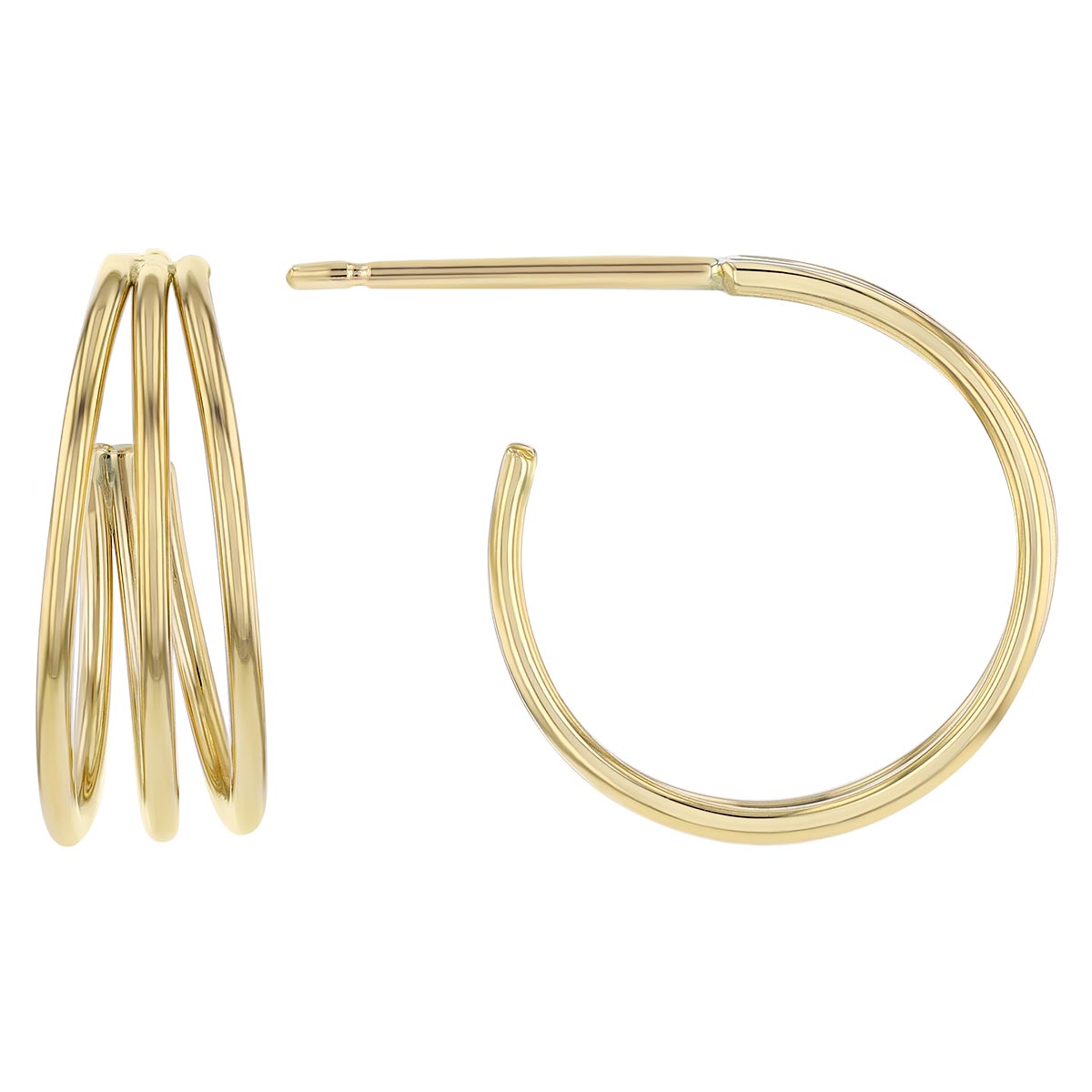Yellow Gold Triple Hoop Earrings, 12 mm