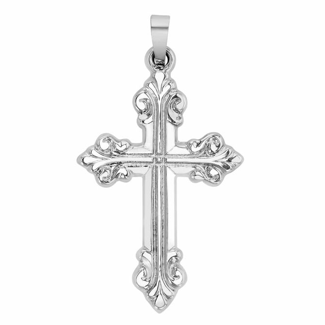 White Gold Swirl Flourish Cross Charm