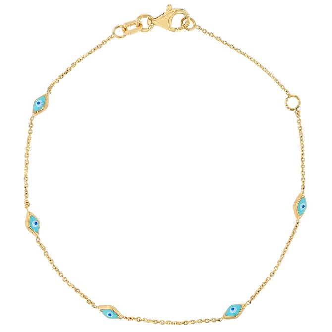 Blue Enamel Evil Eye Station Bracelet in Yellow Gold, 7.25"