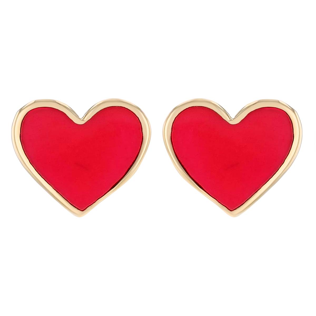 Pink Enamel Heart Stud Earrings in Yellow Gold