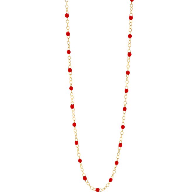 Red Enamel Bead Station Necklace in Yellow Gold, 18"