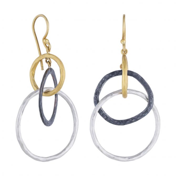 Lika Behar Kelly Yellow Gold, Oxidized & Sterling Silver Triple Open Circle Dangle Earrings
