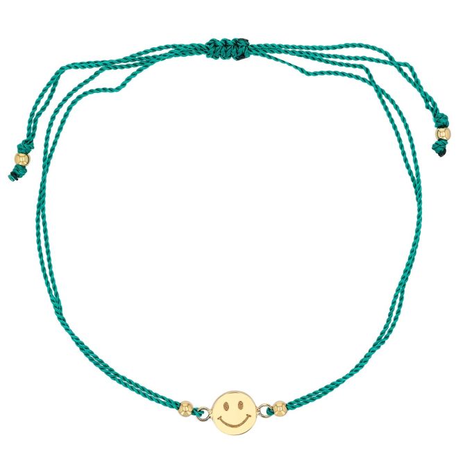 Zoe Chicco Yellow Gold Midi Bitty Smiley Face Green Cord Bracelet