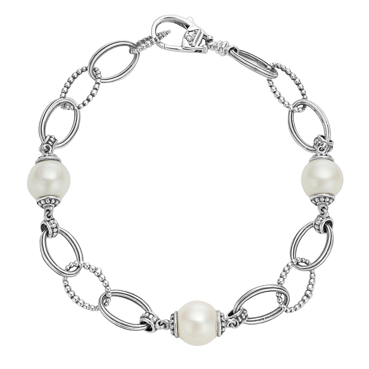 LAGOS Luna Freshwater Cultured Pearl & Caviar Beaded Link Bracelet in Sterling Silver, 7