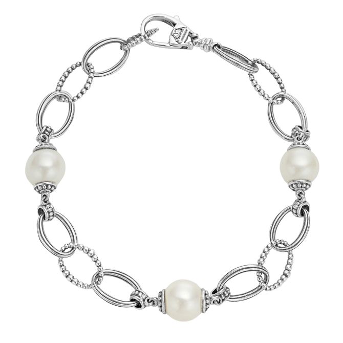 LAGOS Luna Freshwater Cultured Pearl & Caviar Beaded Link Bracelet in Sterling Silver, 7"