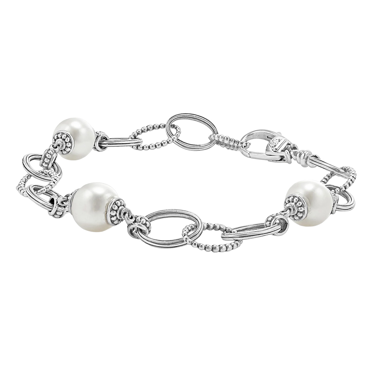 LAGOS Luna Freshwater Cultured Pearl & Caviar Beaded Link Bracelet in Sterling Silver, 7