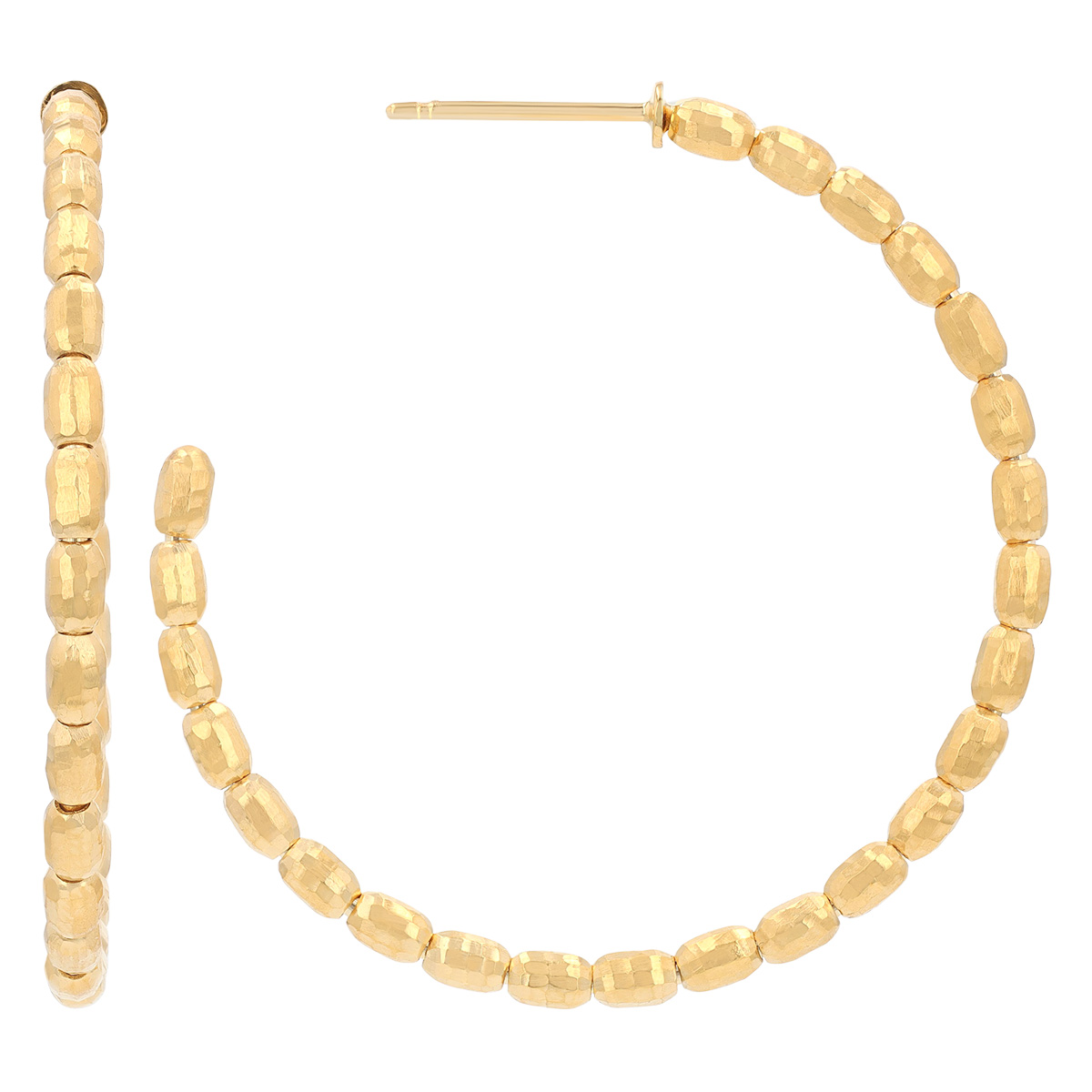 Marika Yellow Gold Hammered Barrel Bead Open Hoop Earrings, Large