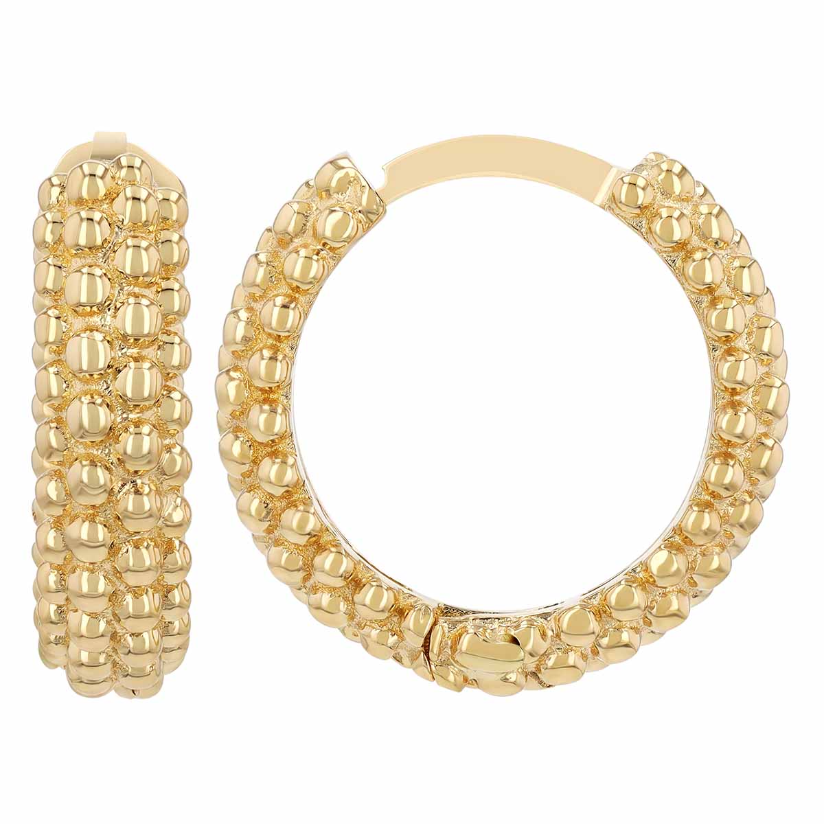 Yellow Gold Bead Textured Hoop Earrings