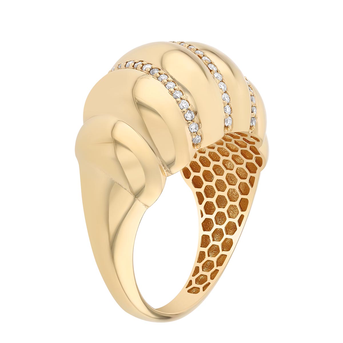 Yellow Gold Croissant Diamond Twist Dome Ring