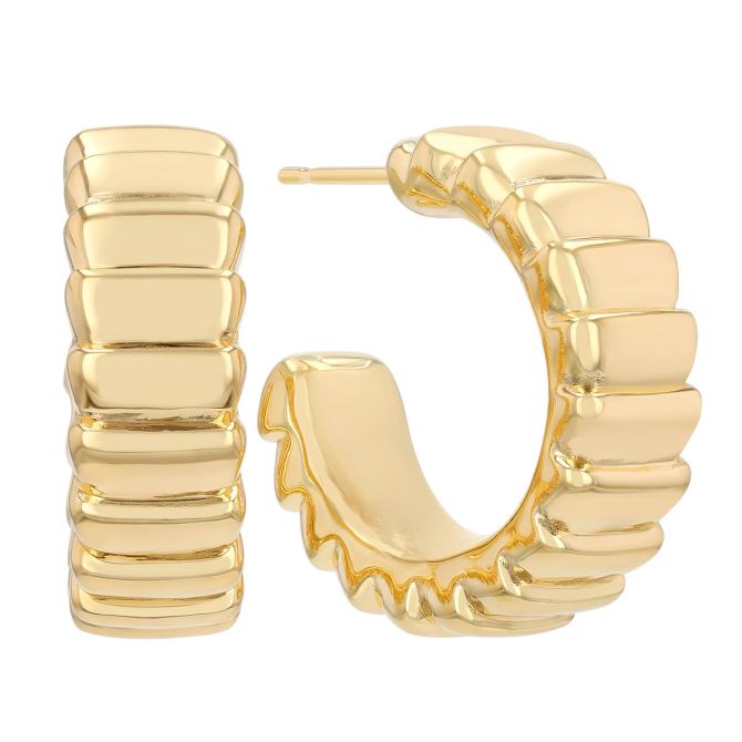Yellow Gold Ridged Open Huggie Hoop Earrings