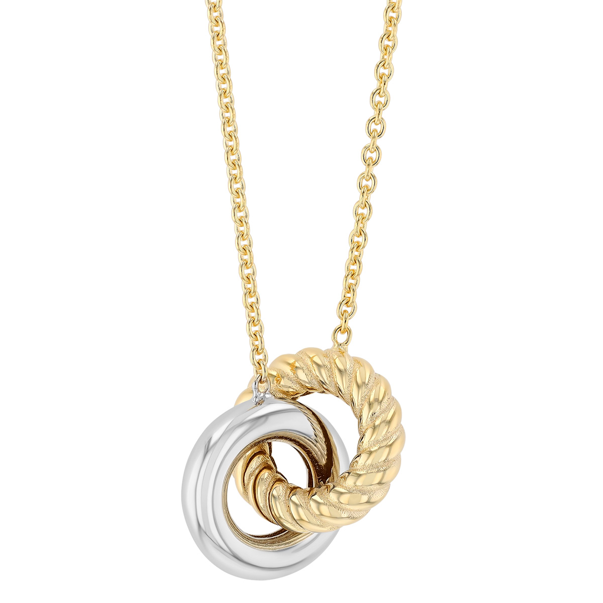 Yellow & White Gold Textured Interlocking Circles Necklace, 18