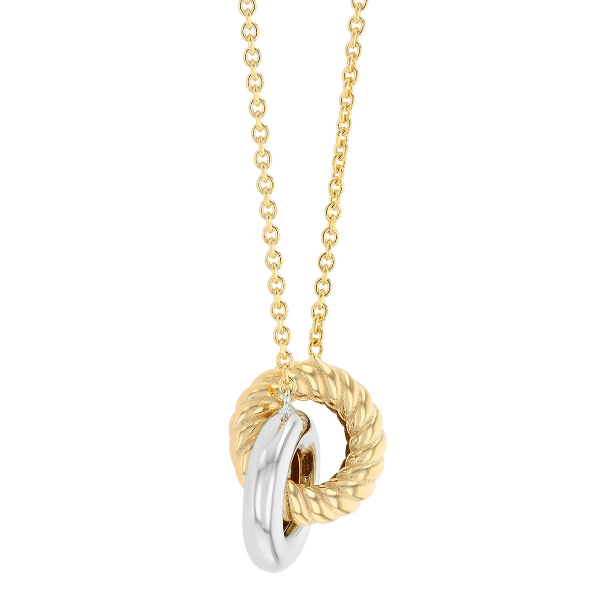 Yellow & White Gold Textured Interlocking Circles Necklace, 18