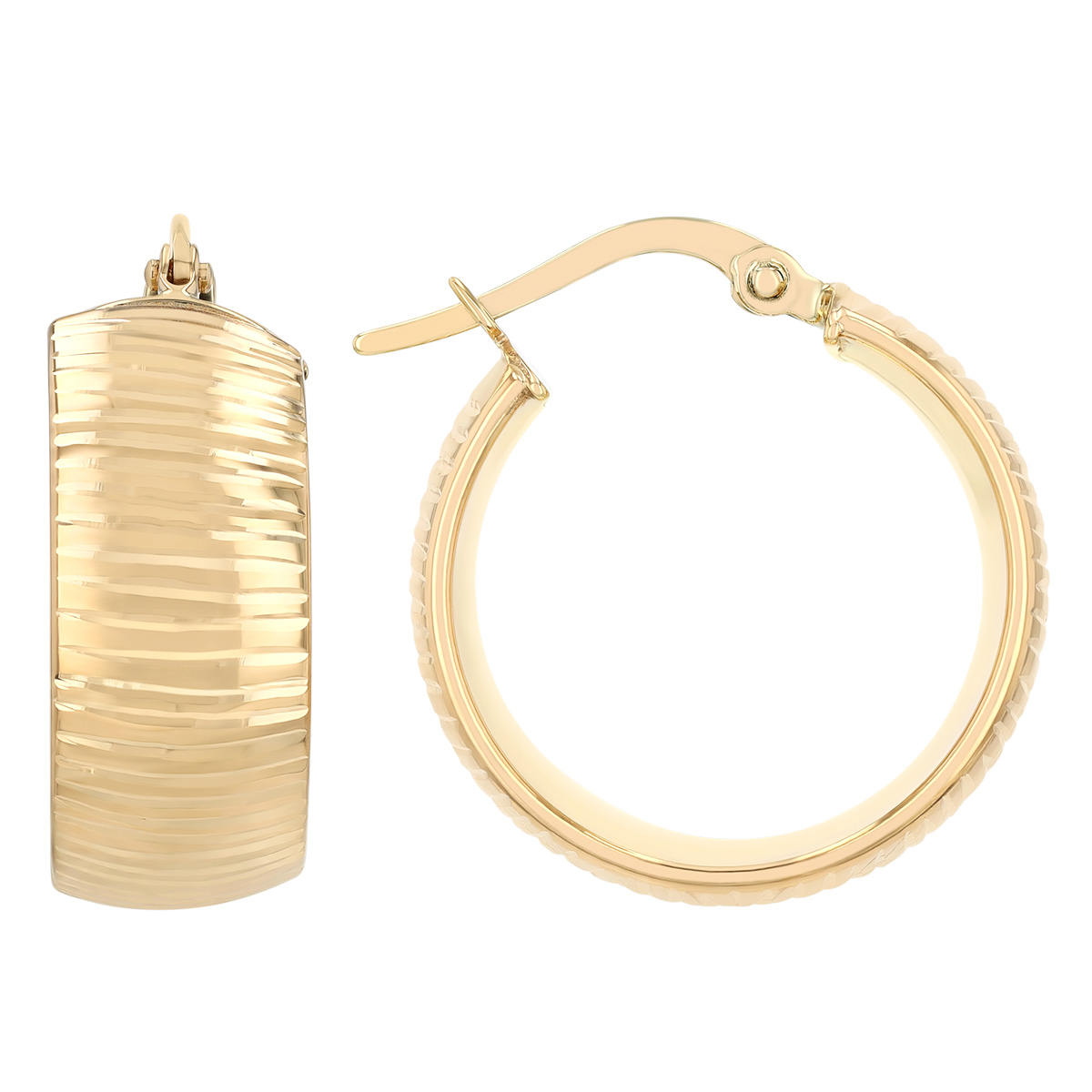 Yellow Gold Ribbed Texture Wide Huggie Hoop Earrings