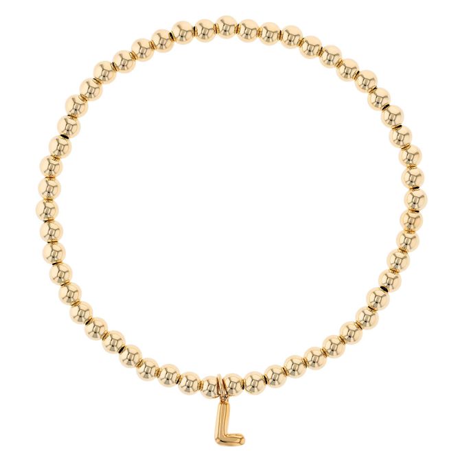Yellow Gold Initial 'L' Charm Ball Bead Stretch Bracelet