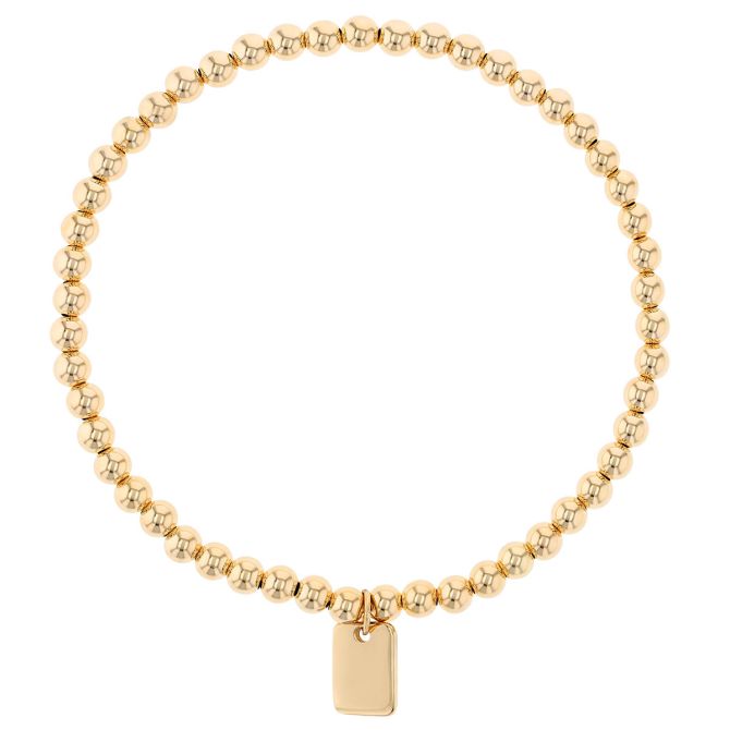 Yellow Gold Tag Charm Ball Bead Stretch Bracelet