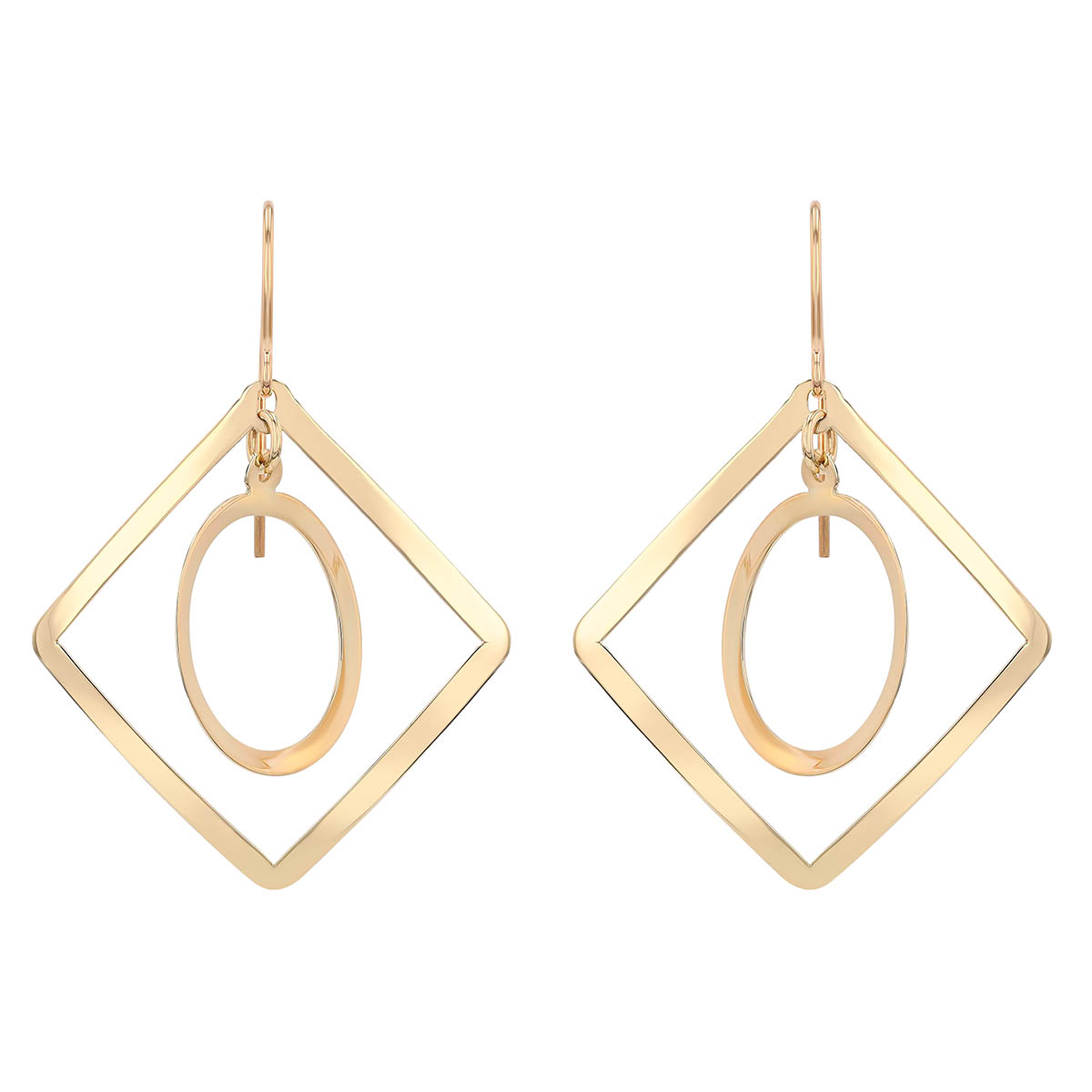 Yellow Gold Open Square & Oval Dangle Earrings