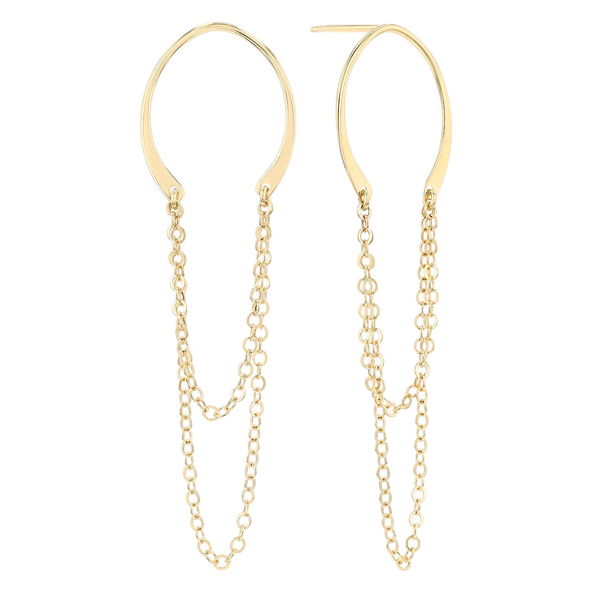 Yellow Gold Horseshoe & Double Chain Dangle Earrings