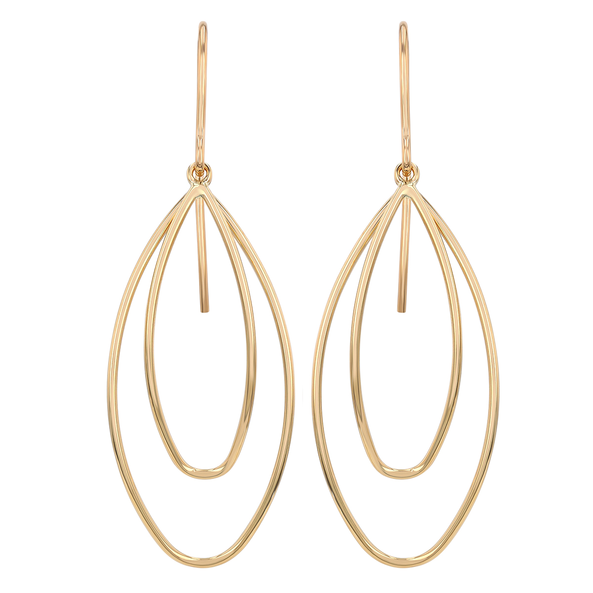 Yellow Gold Double Open Tapered Oval Dangle Earrings