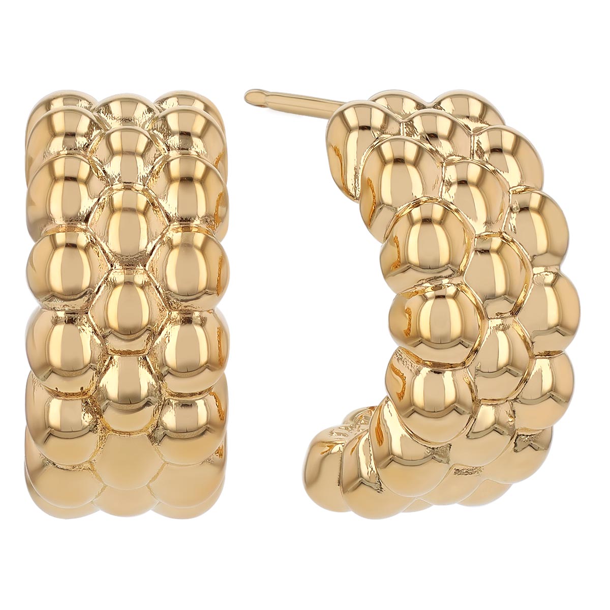 Yellow Gold Bead  Cluster Curved Bar Half Hoop Earrings