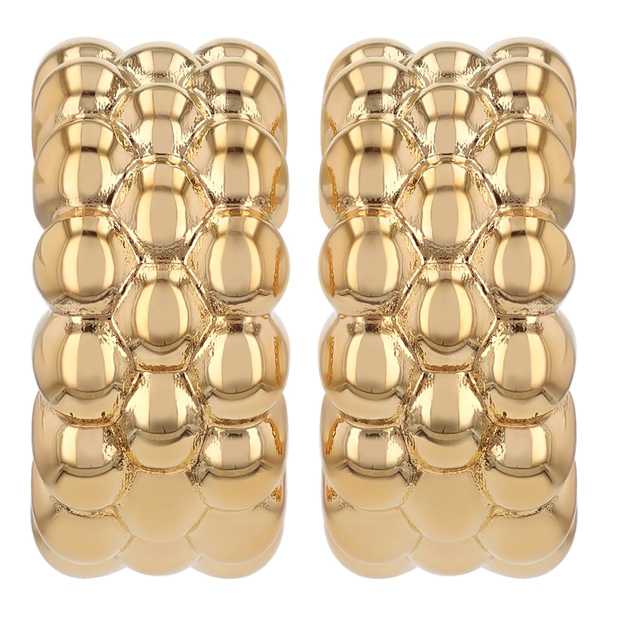 Yellow Gold Bead  Cluster Curved Bar Half Hoop Earrings