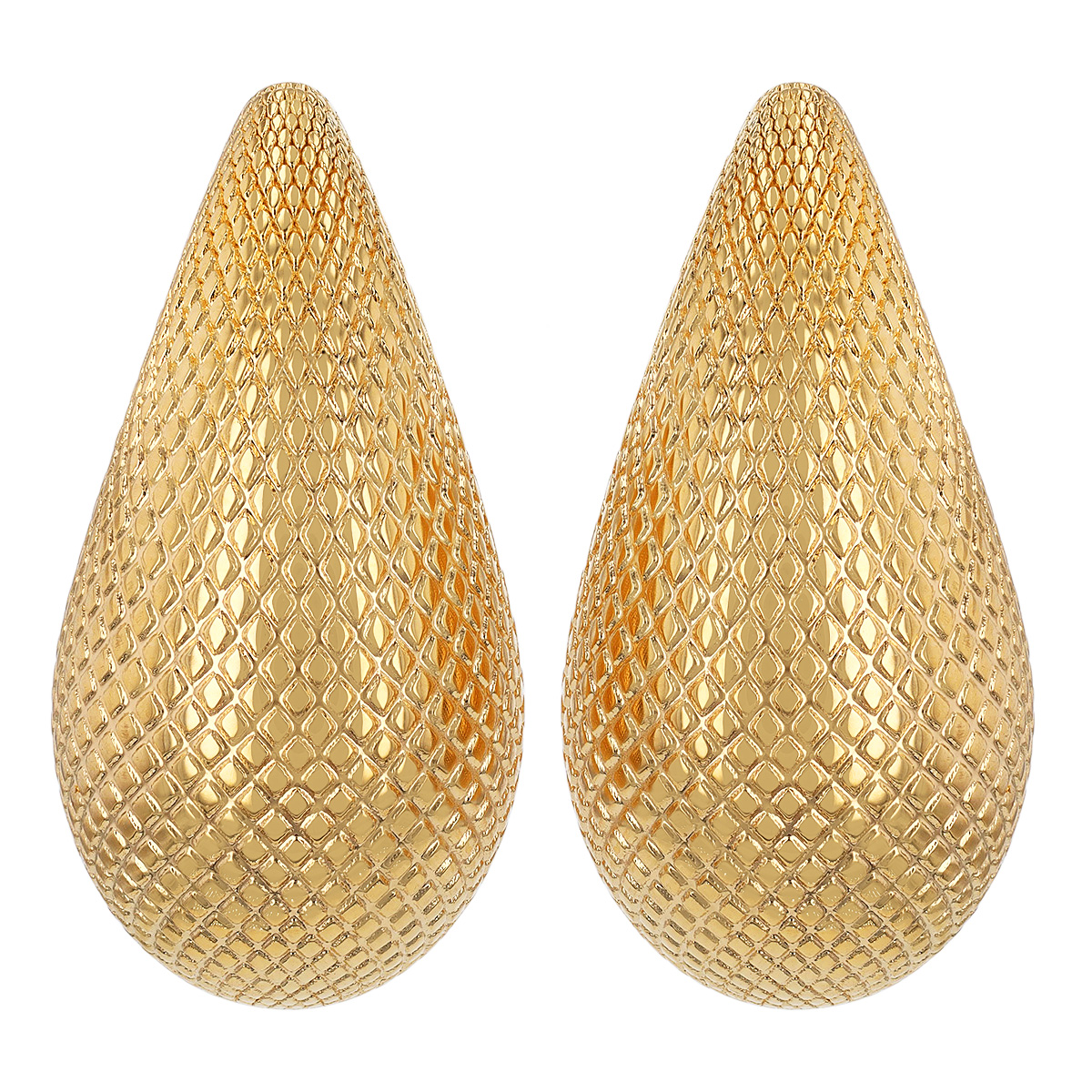 Yellow Gold Snakeskin Texture Puffed Teardrop Post Earrings