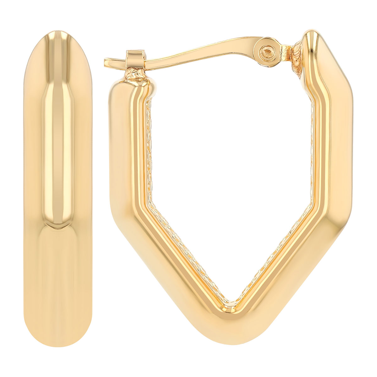 Yellow Gold Geometric Hexagon Angled Hoop Earrings with Lattice Textured Interior