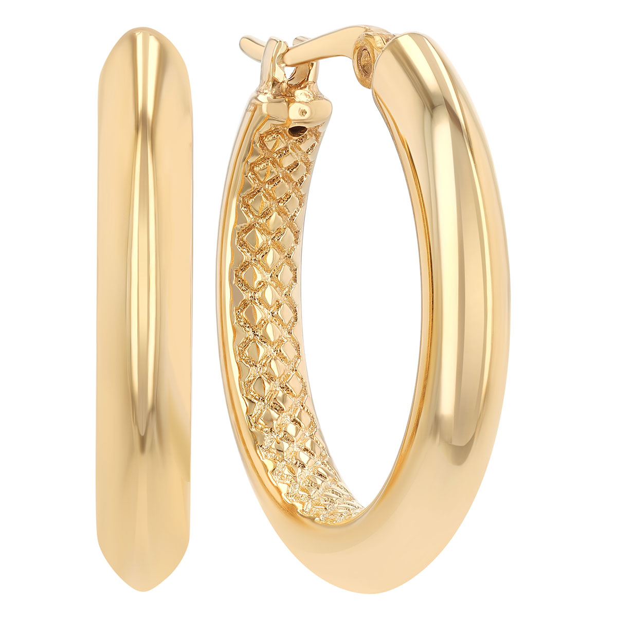 Yellow Gold Hoop Earrings with Lattice Textured Interior