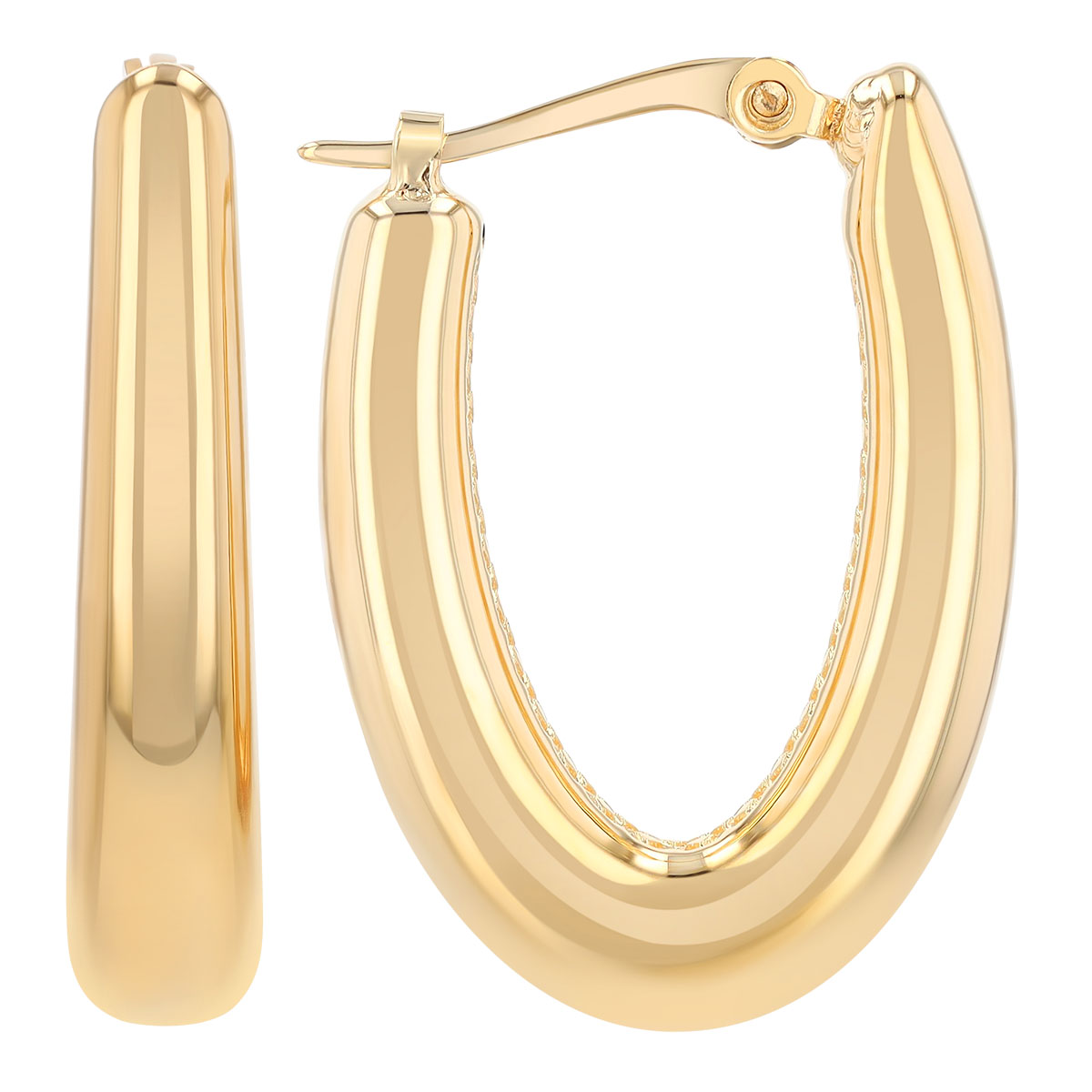 Yellow Gold Tapered Oval Hoop Earrings with Lattice Textured Interior