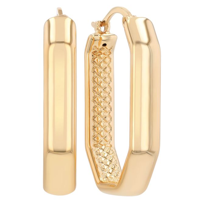 Yellow Gold Geometric Octagon Angled Hoop Earrings with Lattice Textured Interior