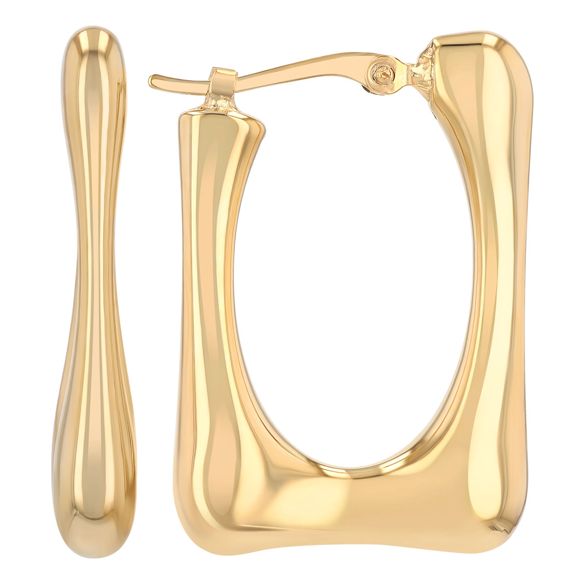 Yellow Gold Wavy Puffed Square Hoop Earrings