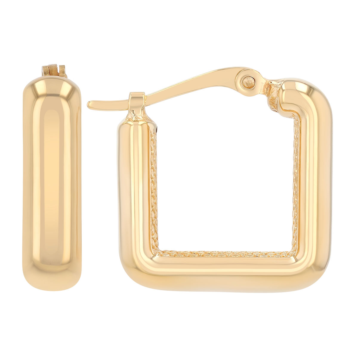 Yellow Gold Square Hoop Earrings with Lattice Textured Interior