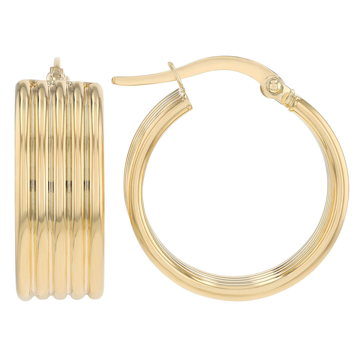 Yellow Gold Fluted Huggie Hoop Earrings, 15 mm