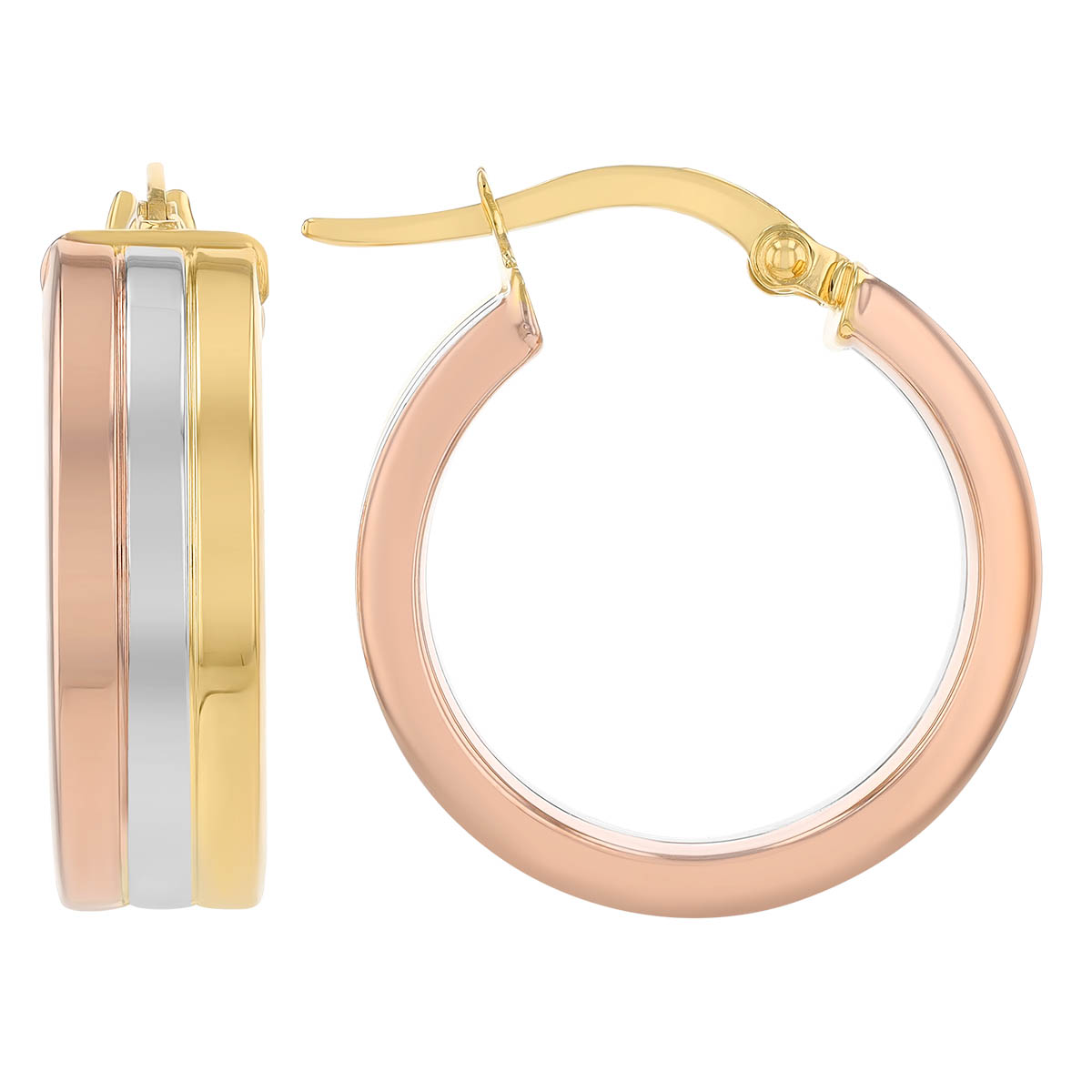 Tri Tone Fluted Huggie Hoop Earrings in Yellow, White and Rose Gold
