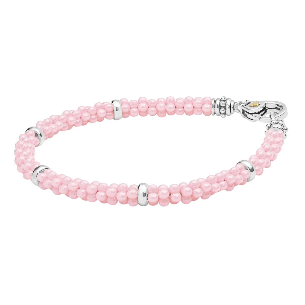 Lagos Pink Ceramic Caviar 5mm Silver Station Bracelet, Medium