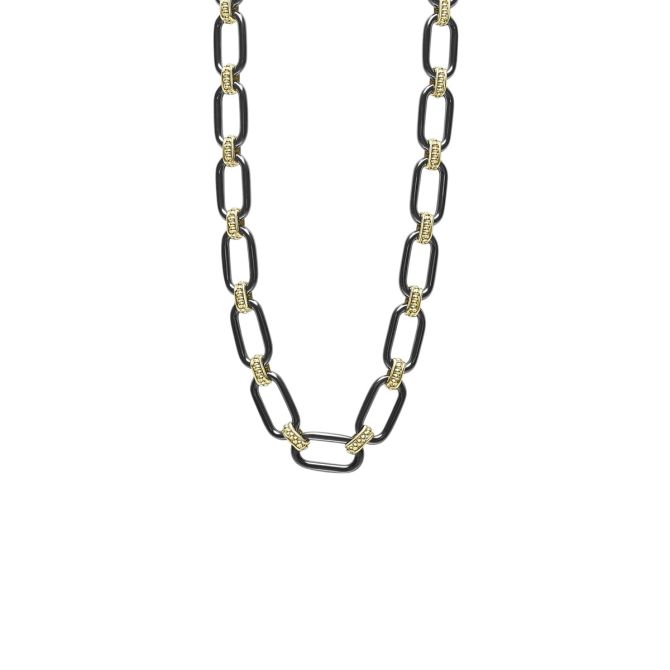 LAGOS Signature Caviar 18K Gold & Black Ceramic Link Necklace, 18", 6mm
