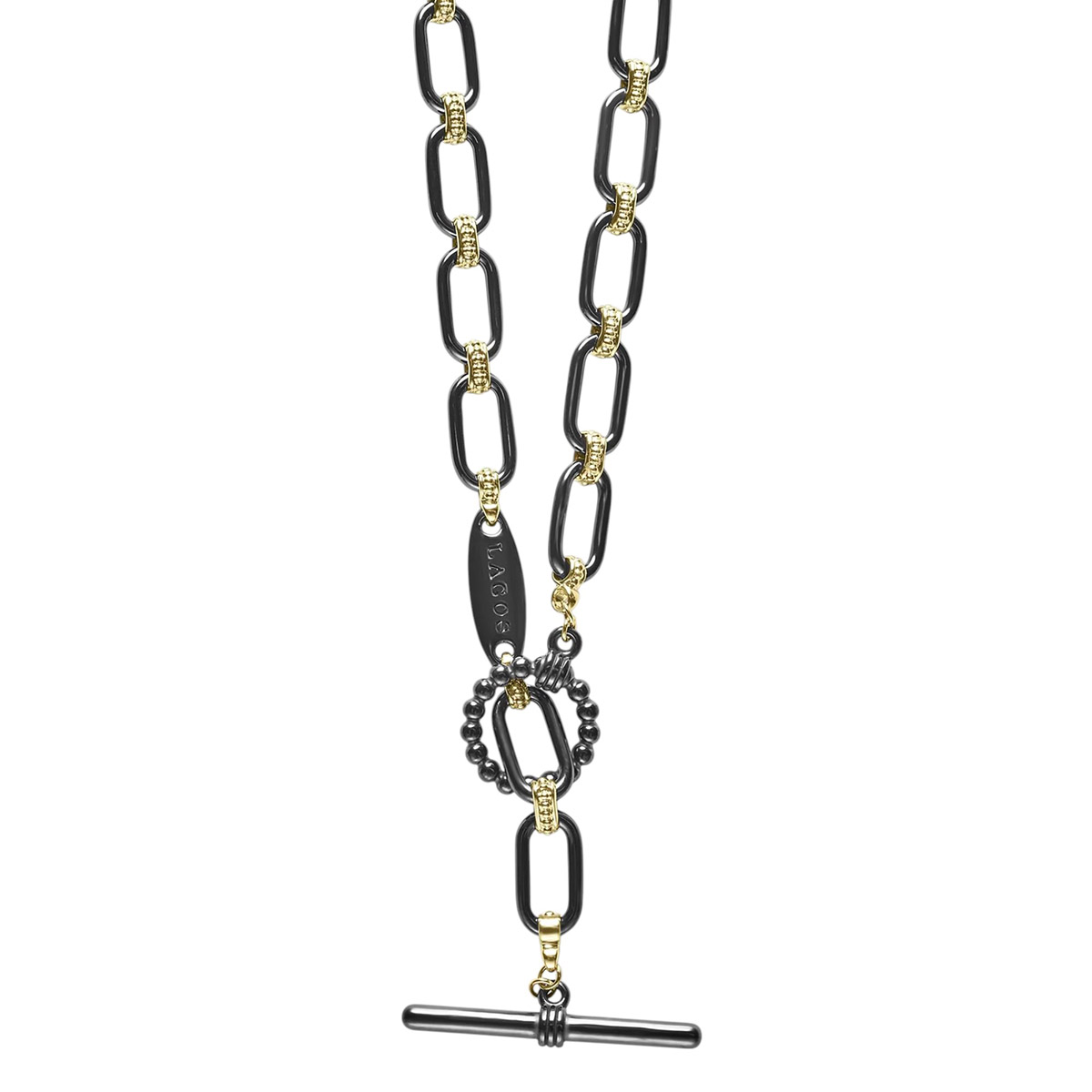LAGOS Signature Caviar 18K Gold & Black Ceramic Link Necklace, 18