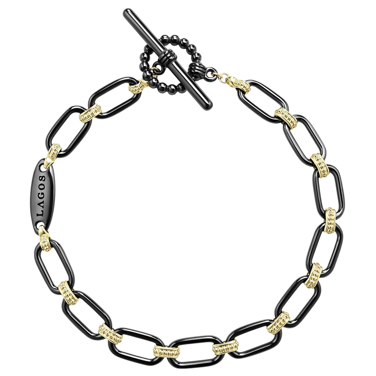LAGOS Signature Caviar 18K Gold & Black Ceramic Link Bracelet, 7