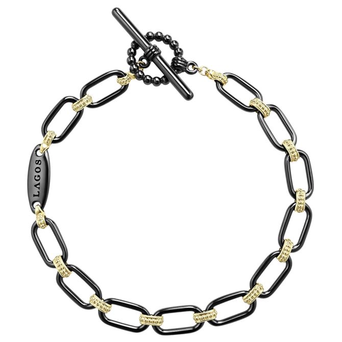 LAGOS Signature Caviar 18K Gold & Black Ceramic Link Bracelet, 7", 6mm